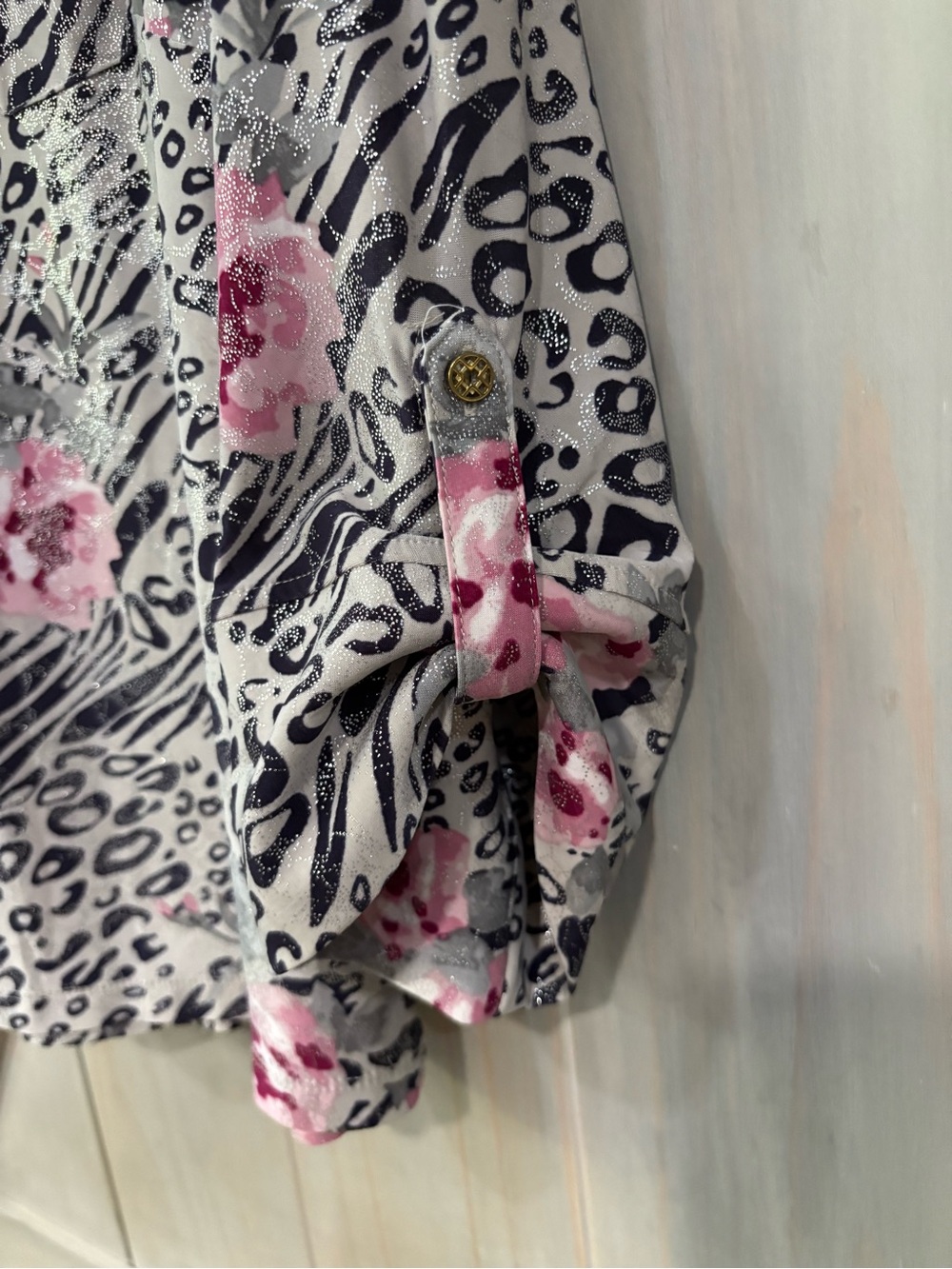 Navy Animal-Print 3-Button Front Top with Pink Floral and Silver Accents - Picture 4 of 8